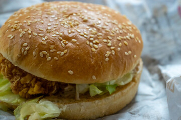 Delicious crispy chicken burger with lettuce and sesame seed bun, perfect for a meal or snack.