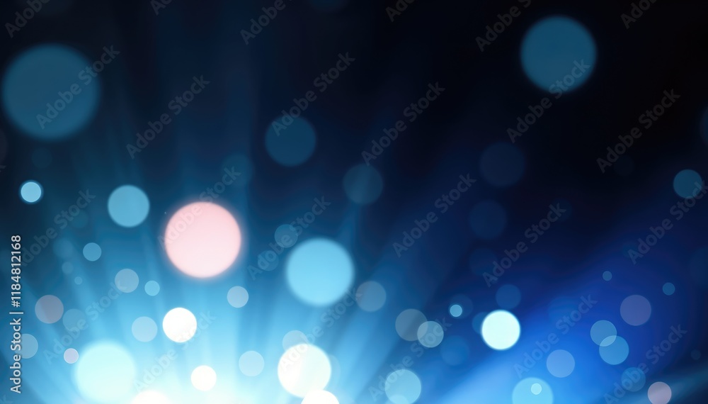Poster abstract blue bokeh background with light rays and glowing circles