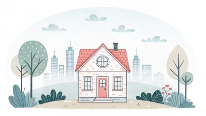 cute house watercolor art illustration with city scape background