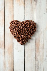 Heart shaped coffee bean arrangement on rustic wooden table for caf&eacute; d&eacute;cor