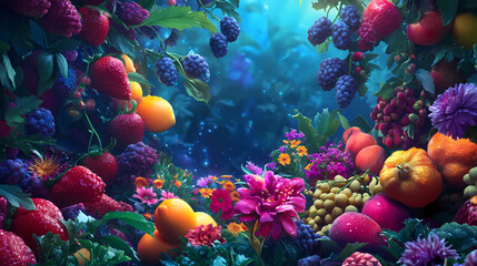 Low-angle view of a vibrant garden of edible flowers and fruits, magical lighting creating an enchanting atmosphere for culinary delights. Dewlight. Illustration