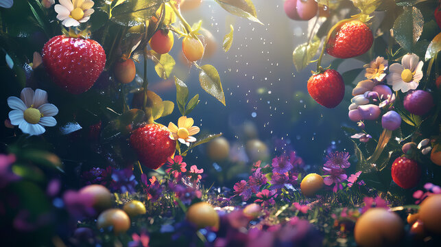 Low-angle view of a vibrant garden of edible flowers and fruits, magical lighting creating an enchanting atmosphere for culinary delights. Dewlight. Illustration