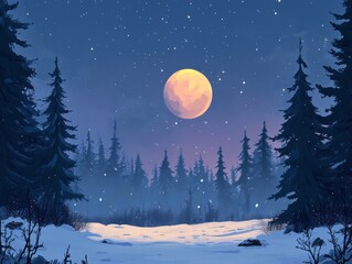 Naklejka premium Serene Winter Night in a Snowy Coniferous Forest