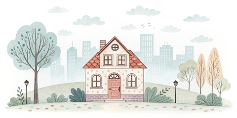cute house watercolor art illustration with city scape background