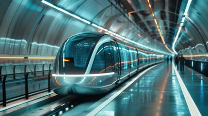 A sleek, futuristic train in a modern tunnel, illuminated with vibrant lights.