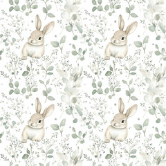 Delightful watercolor pattern with cute bunnies surrounded by soft foliage, capturing the gentle beauty of nature and springtime.