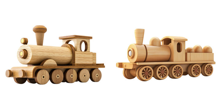 Wooden toy train isolated on transparent background, Set of