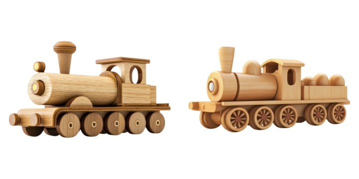 Wooden toy train isolated on transparent background, Set of