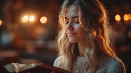 Serene young woman with eyes closed, reading a book in warm candlelight.