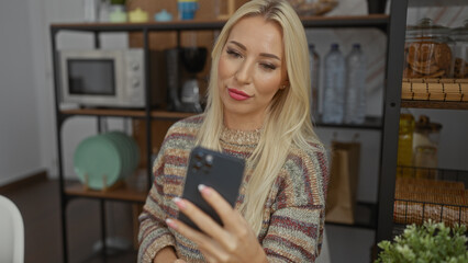 Woman using smartphone in cozy living room, surrounded by modern decor, exuding warmth and comfort with elegant style and soft lighting, conveying serene home ambiance.