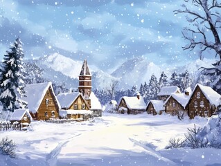 Fototapeta premium Snowy Village Scene Winter Mountain Landscape