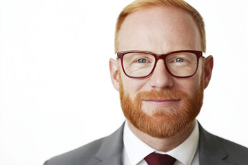 Professional man smiles confidently in a formal suit with glasses and a red beard