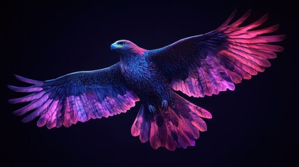 Obraz premium A vibrant, digitally enhanced, colorful eagle in flight against a black background, with wings outstretched and plumage highlighted in shades of pink and purple.