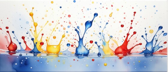 Watercolor splash of vibrant water droplets in shades of blue, red, and yellow, light and airy