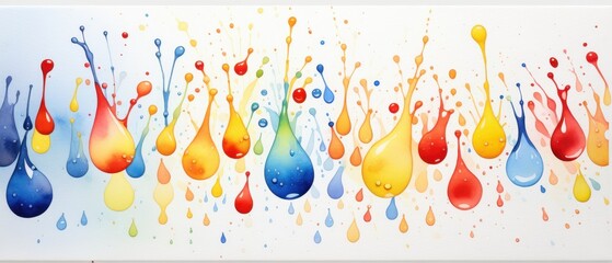 Obraz premium Soft, dreamy watercolor of water droplets dancing in the air with colorful washes of blue, red, and yellow