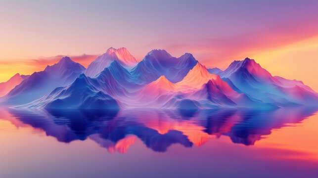 Abstract vibrant mountain landscape with smooth reflections on water, illuminated by gradient hues of pink, purple, orange, and blue, creating a surreal aesthetic. Generative AI.