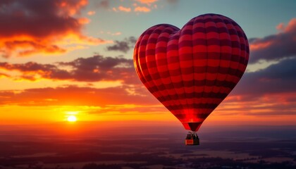 Fototapeta premium Heart-shaped hot air balloon soaring through a vibrant sunset. A breathtaking romantic scene. Ample copyspace