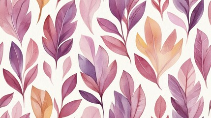 Watercolor floral pattern:  purple, pink, and orange leaves