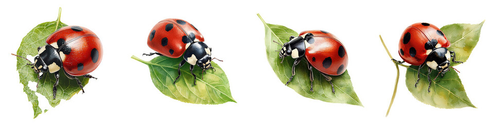 Fototapeta premium Colorful Ladybugs on Green Leaves Illustration