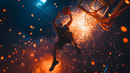 A player dunking through a holographic hoop with glowing sparks exploding around.