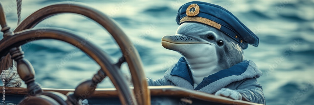Poster dolphin dressed as a ship captain steers a ship through the ocean while wearing a nautical uniform. 