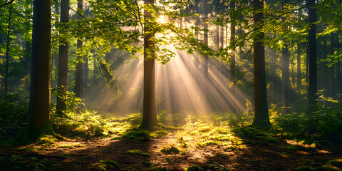 Sunlight streams through lush green forest, illuminating moss covered ground and creating serene, magical atmosphere with vibrant rays of light filtering through trees