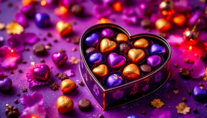 Heart-shaped box of assorted chocolates in purple and gold. Romantic Valentine's Day gift.
