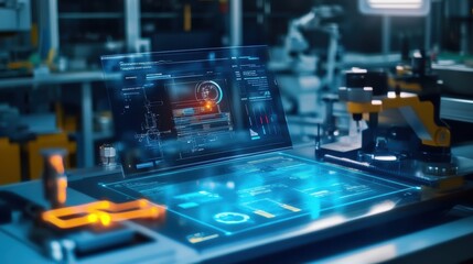 Futuristic transparent computer display presenting manufacturing processes and production data in a modern factory with automated robotics and advanced machinery