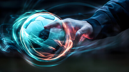 A player spinning the ball on one finger with glowing energy swirling around.