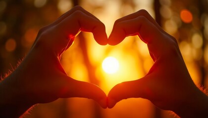 Heart-shaped hands framing a vibrant sunset, symbolizing love, warmth, and the beauty of nature's golden hour.