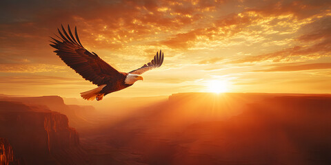 Naklejka premium majestic eagle soars low over canyon, heading toward radiant sunset, with golden light illuminating dramatic landscape and bird powerful wings in flight