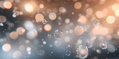 modern abstract design featuring small and medium sized transparent bubbles floating in soft, glowing background with warm and cool light bokeh effects