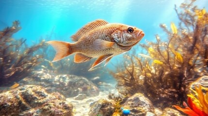 House moving with pet. Colorful fish swimming among underwater plants in a vibrant marine scene.