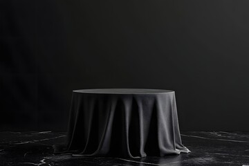 Black pedestal draped cloth, dark studio backdrop, product display