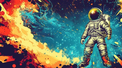 vintage comic art style illustration of astronaut floating in colorful outer space