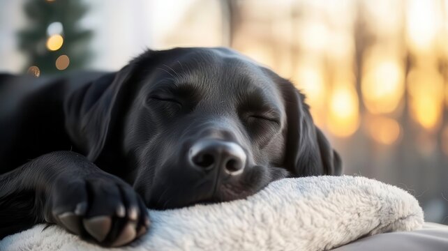 Black labrador sleep cute cozy concept. A peaceful black dog sleeps on a cozy cushion with a warm, golden sunset in the background, radiating tranquility and comfort. - Powered by Adobe