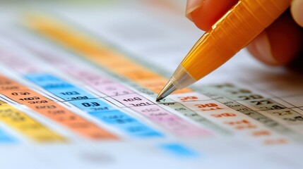 Close-up of a hand meticulously recording data on a colorful chart