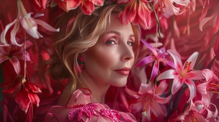 A woman is wearing a pink dress and is surrounded by pink flowers. She is wearing a necklace and earrings