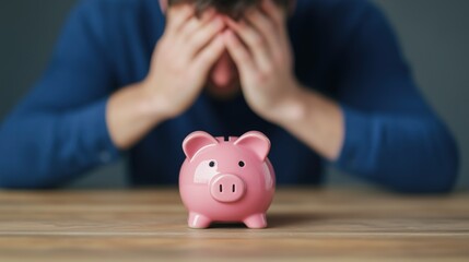 Financial Stress Concept with Man Holding Head in Front of Empty Piggy Bank for Economic Hardship and Personal Finance Challenges Illustration on Wooden Table Background