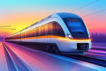 Naklejka premium Futuristic High-Speed Train Soaring Across Tracks at Sunrise