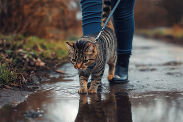 Obraz premium Cat on a leash investigating a puddle in a park after the rain, its owner patiently holding the leash.