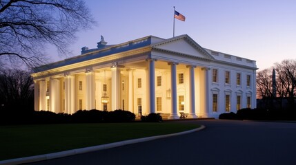 Naklejka premium A White House Lit up at Night With a American Flag on Top - Generative AI