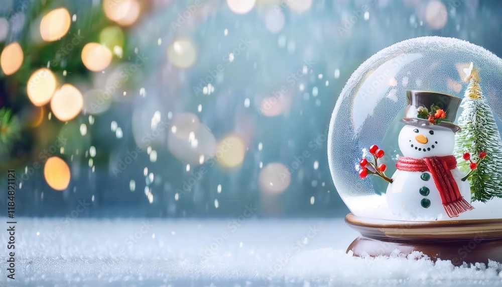 Aufkleber festive snow globe with a smiling snowman in a red hat and scarf, surrounded by a snowy miniature fo