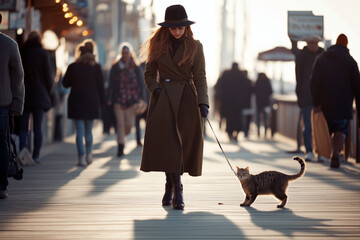 Stylishly dressed woman walking a cat on a leash on a bustling boardwalk with people in the background.