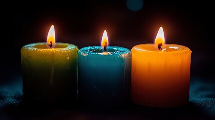 Three colorful candles burning in the dark.