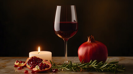 A tall wine glass with deep red Zinfandel surrounded by pomegranate seeds fresh rosemary and a lit candle on the table.