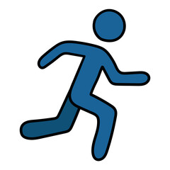 Hand drawn cartoon blue running man icon on white background.