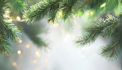 Obraz premium close-up of evergreen pine branches with warm white bokeh lights, ideal for christmas, winter holiday background or designs