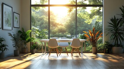 Fototapeta premium A bright and airy dining space with a white table, modern chairs, and large windows showcasing a scenic outdoor view