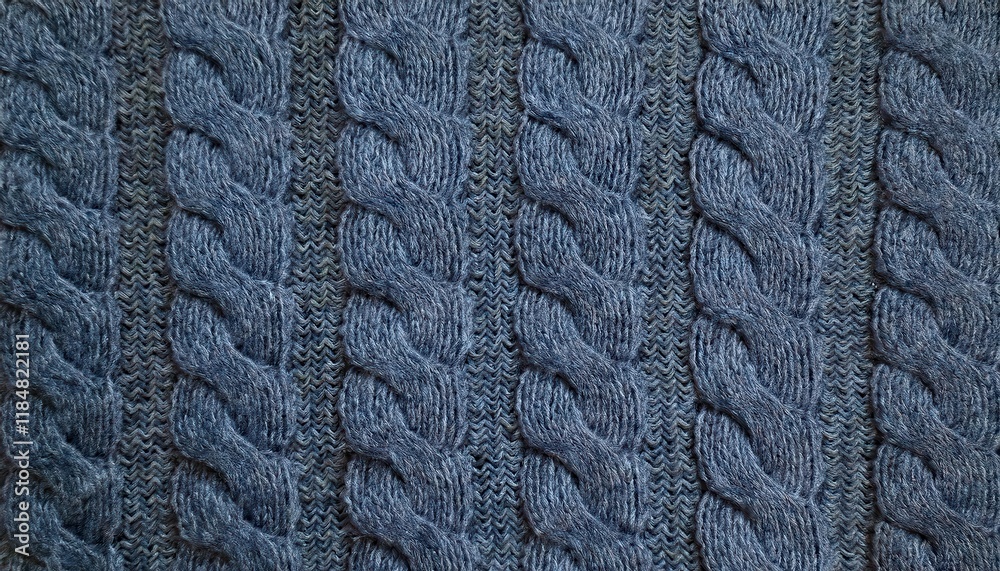 Poster close-up of blue knitted cable pattern texture with intricate braided design for fabric background, 